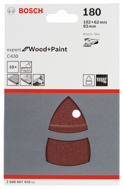 Slippapper Bosch Wood+Paint, 180 korn, 10-pack, triangulär form, 102x62mm och 93mm storlek.