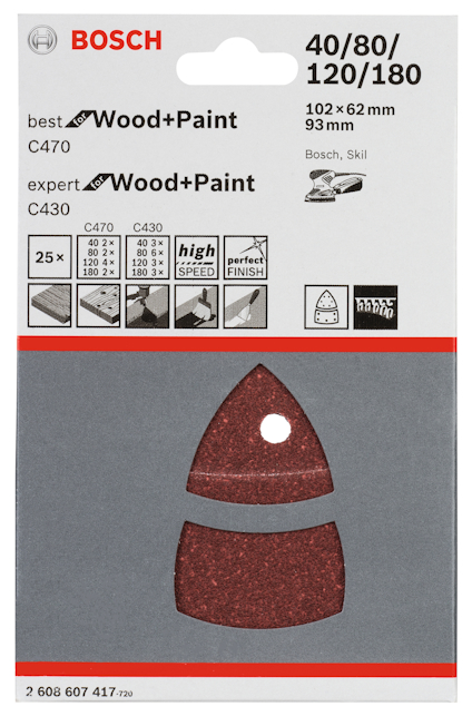 Förpackning med Bosch sandpapper för trä och färg, C470 och C430 modeller, i kornstorlekar 40/80/120/180.