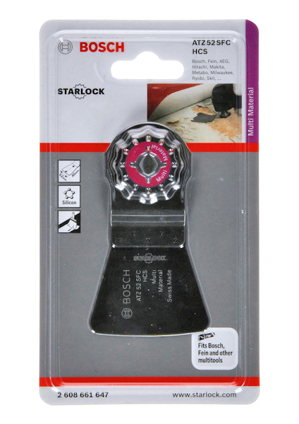 Förpackning av Bosch Starlock ATZ 52 SFC spackelblad för multimaskiner, kompatibilitet listas längst ner.