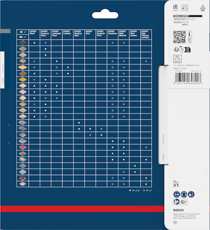Förpackning av Bosch-produkt med tabell för lämplighet för olika material och QR-kod.