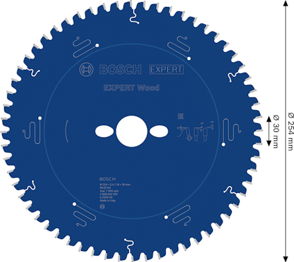 Blå cirkelformad sågklinga med texten "BOSCH EXPERT Wood", diametern 305 mm.