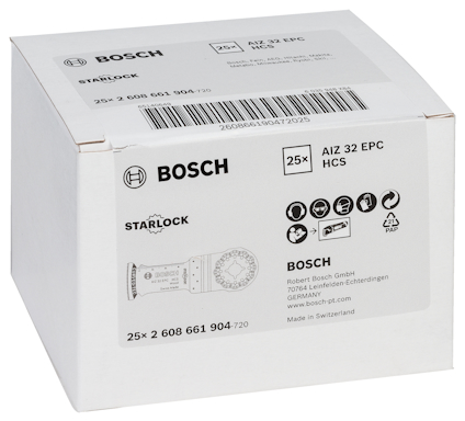 Vit förpackning med etikett som visar Bosch Starlock-sågblad, modell AIZ 32 EPC, 25 pack. Text och streckkod synliga.