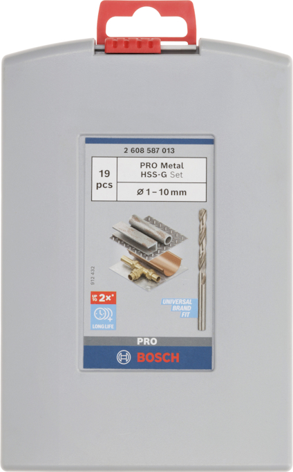 Förpackning med Bosch PRO Metal borrset, 19 delar, Ø1-10 mm.