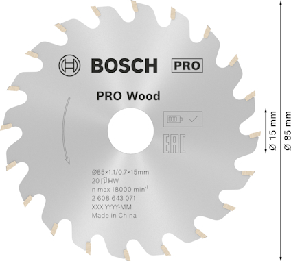 Cirkelklinga för trä, Bosch PRO Wood, diameter 85 mm, tjocklek 1 mm, max 18000 rpm, tillverkad i Kina.