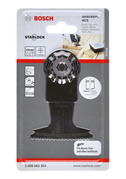 Förpackning av Bosch Starlock AII65 BSPC HCS sågblad för Bosch, Fein och andra multimaskiner.