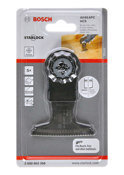 Förpackning med Bosch Starlock sågblad AII 65 APC HCS, inklusive bilder på blad och kompatibilitetsinformation.