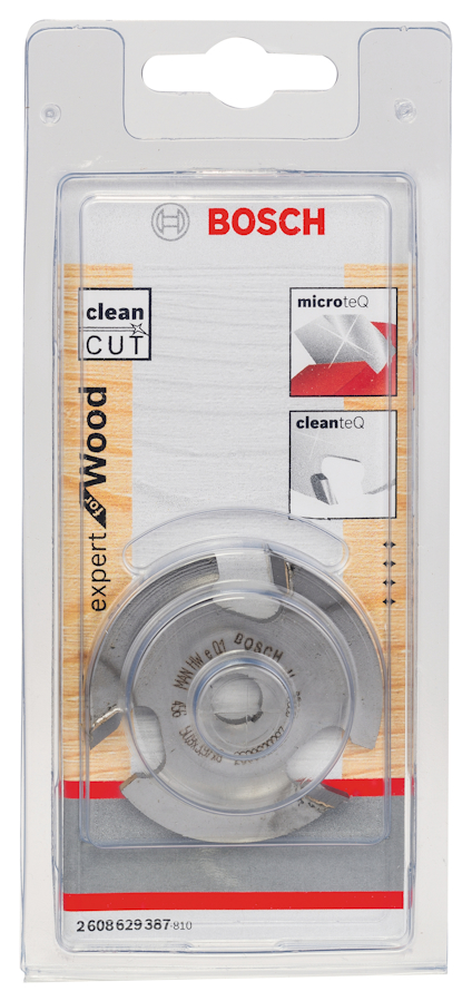 Förpackning med Bosch sågklinga för trä, märkt "expert for Wood," med märkning "clean cut" och "microteQ."