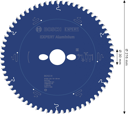 Blå sågklinga med text "BOSCH EXPERT Aluminium", diameter 216 mm, 30 mm håldiameter, 56 tänder.