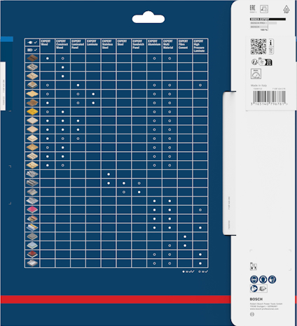 Blått emballage med en tabell som visar kompatibilitet av multiverktygsblad för olika material. Bosch-logotyp synlig.