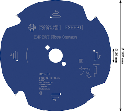 Sågklinga för fibercement från Bosch, diameter 160 mm, med teknisk illustration och specifikationer.