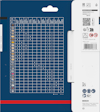 Förpackning med tabell som visar kompatibilitet mellan olika borrets modeller och material. Bosch-logotyp och streckkod finns.