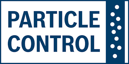 Particle Control-text med blått rutmönster och prickar på vit bakgrund.