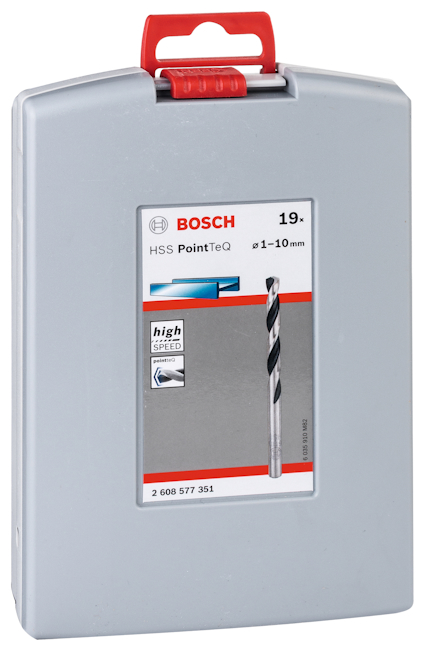 Grå förpackning med handtag, Bosch HSS PointTeQ borrset, storlek 1-10 mm, 19 delar.