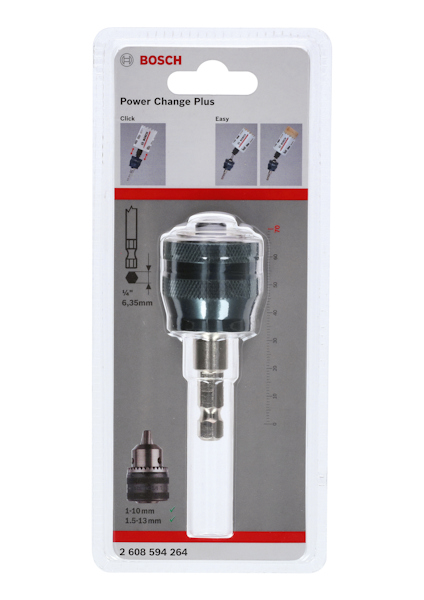 Förpackning med Bosch Power Change Plus-hålborradapter, artikelnummer 2 608 594 264.