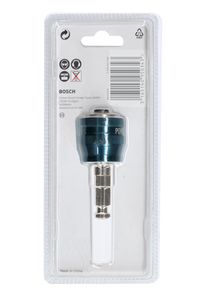 Förpackad Bosch universalhållare med snabblås och magnet, för 1/4"-bitar. Text: "Made in China".
