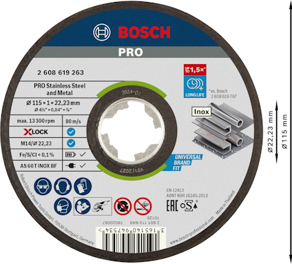 Rund kapskiva med Bosch-logotyp, texten "PRO Stainless Steel and Metal", och dimensioner 115 x 22,23 mm.