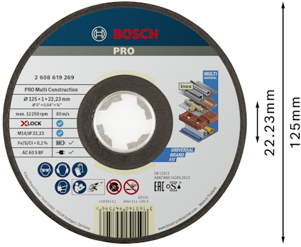 Rund slipskiva från Bosch på 125x22,23 mm, med etikettinformation och illustrationer för multi-konstruktion och universal användning.