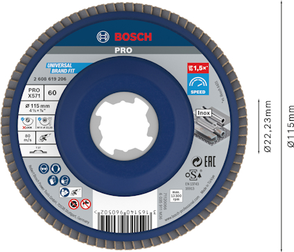 Sliprondell från Bosch PRO, märkningar inkluderar "Ø115mm", "PRO X571", och "SPEED".