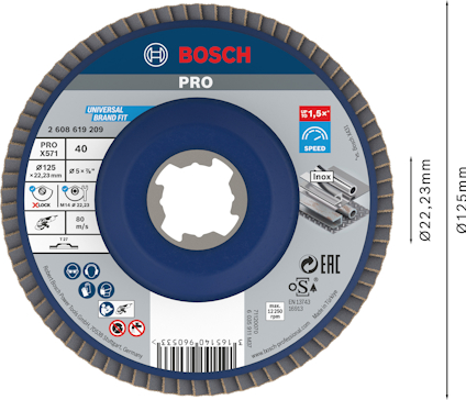 Sliprondell från Bosch, modell Pro X571, kornstorlek 40, diameter 125 mm, rotationshastighet 5x, Inox-kompatibel.