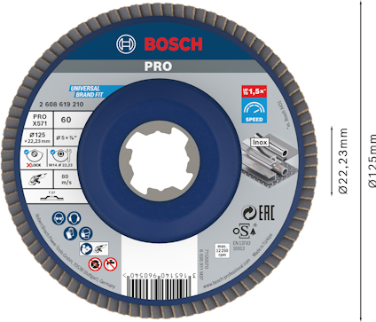 Bosch PRO fiberrondell, 125 mm diameter, 22,23 mm hål, kornstorlek 60, för metall och rostfritt stål.