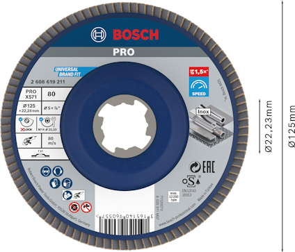 Bosch sliprondell, diameter 125 mm, PRO X573, innehåller specifikationer och säkerhetsikoner, EAC-märkning.