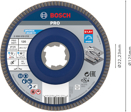 Slipskiva Bosch PRO, diameter 125 mm, hål 22,23 mm, för rostfritt stål (Inox), grynstorlek 120.