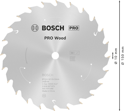 Rund sågklinga för trä med Bosch-logotyp och texten "PRO Wood". Mått: 10 mm håldiameter, 150 mm klingdiameter.