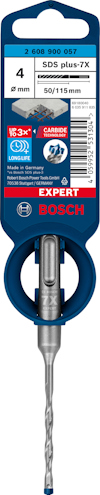 Borr av märket Bosch SDS plus-7X, storlek 4mm x 50/115mm, visas i förpackning med etikett och streckkod.
