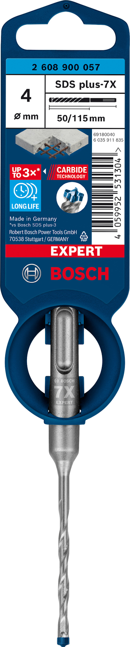 Borr av märket Bosch SDS plus-7X, storlek 4mm x 50/115mm, visas i förpackning med etikett och streckkod.