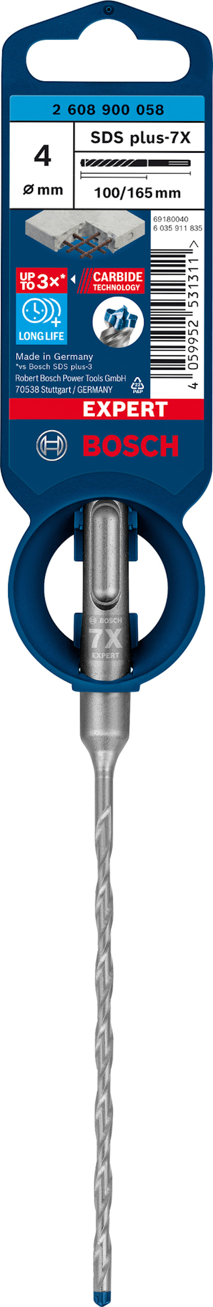 Borrspets från Bosch, SDS plus 7X, 8 mm x 100/165 mm med blå och röd förpackning.