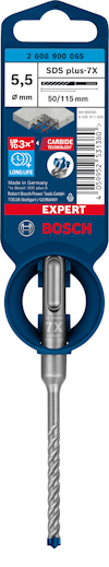 Borr med spiralformigt borrhuvud, etikett med text "SDS plus-7X" och "Expert BOSCH", storlek 5,5 mm.