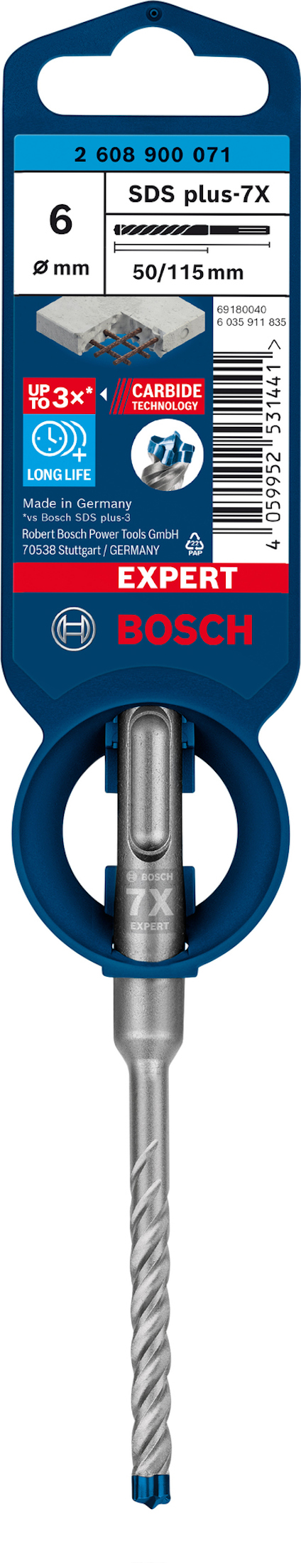 Borrbit av märket Bosch SDS plus-7X, diameter 6 mm, längd 50/115 mm, för armerad betong.