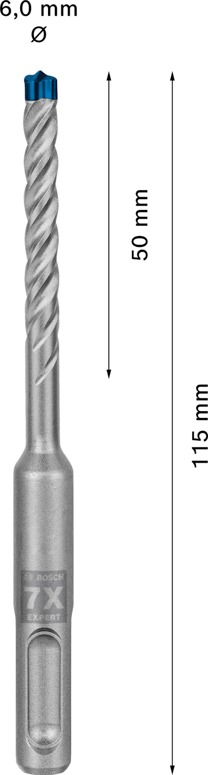 Borr med 6 mm diameter och 115 mm längd. Borrlängd 50 mm. Märkt "7X".
