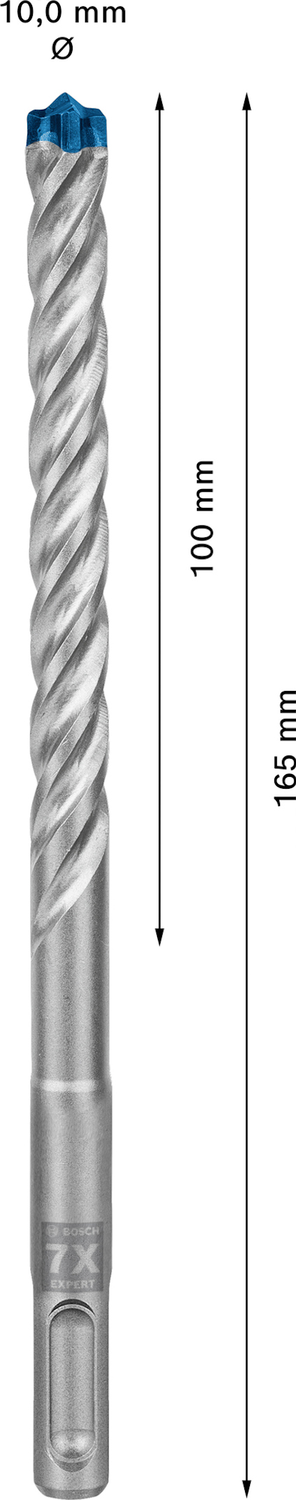 Borrbit av metall med blå spets och spiraldesign, markerad längd: 165 mm, arbetslängd: 100 mm, diameter: 10 mm.