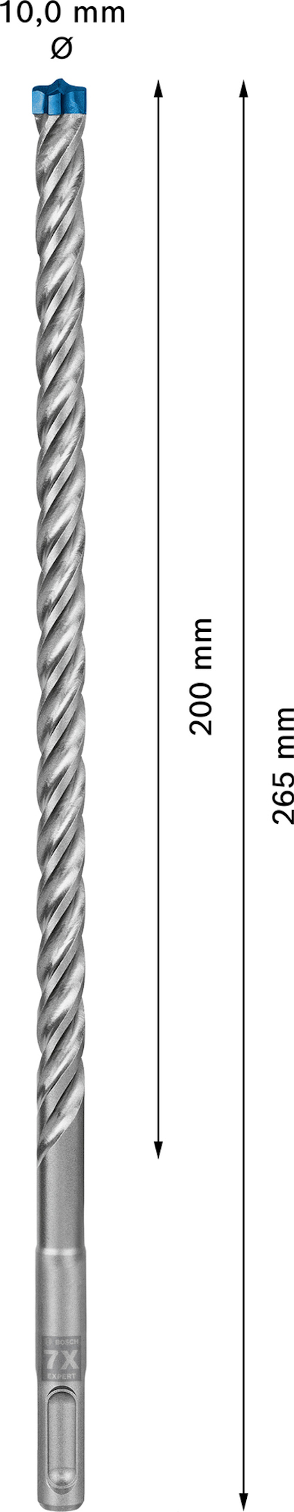 Borr med spiraldesign, mätpilar visar längderna 200 mm och 265 mm, diametern anges som 10,0 mm.