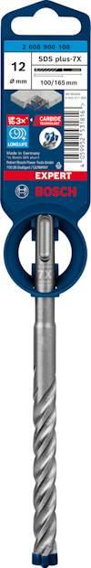 Borr med spiraldesign, förpackad med etikett som anger "12 mm SDS plus-7X". Märke: Bosch.