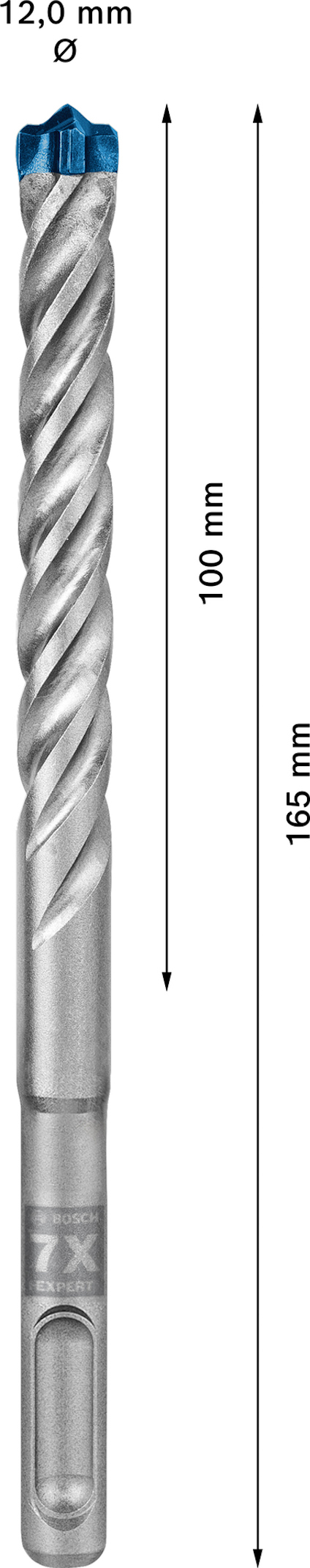 Borr med spiraldesign och blå spets. Text: "12,0 mm" diameter, "100 mm" arbetslängd, "165 mm" total längd.
