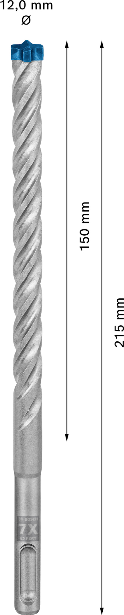 Borrbits med spiraldesign, blå spets och märkning "12,0 mm", längdmått 150 mm och total längd 215 mm.