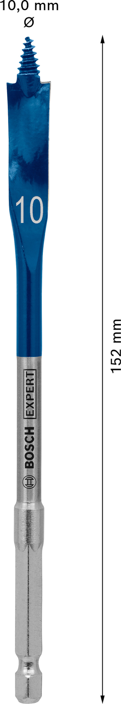 Blått borr med skala, texten "Bosch Expert" och "10" markerad i vitt. Längd 152 mm och diameter 10 mm anges.