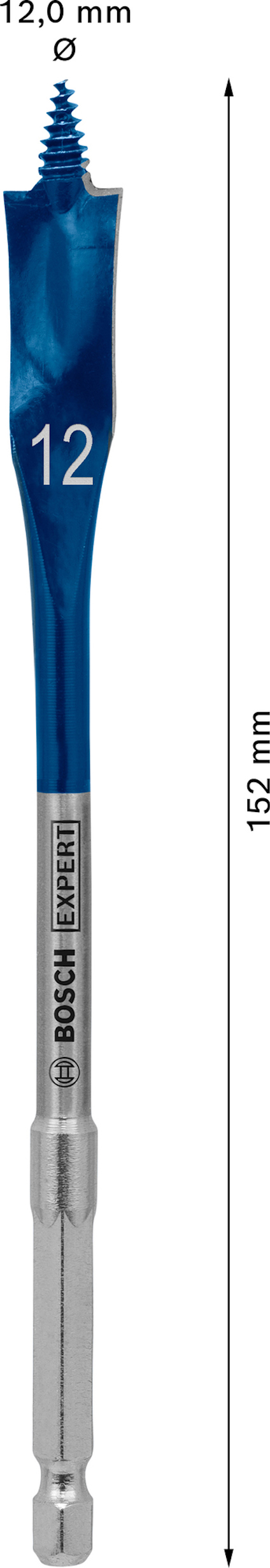 Borrsked i metall, blå med text "12", "Bosch Expert", mått 12,0 mm och 152 mm.