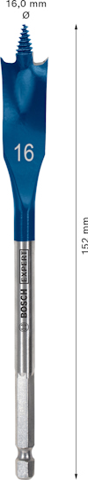 Blå borr med spets och text "16" samt "BOSCH" och "EXPERT". Längd anges som 152 mm och diameter som 16,0 mm.