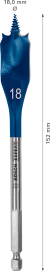 Blå spadmejsel från Bosch, markerad med "18" för 18 mm, längdmarkering 152 mm.