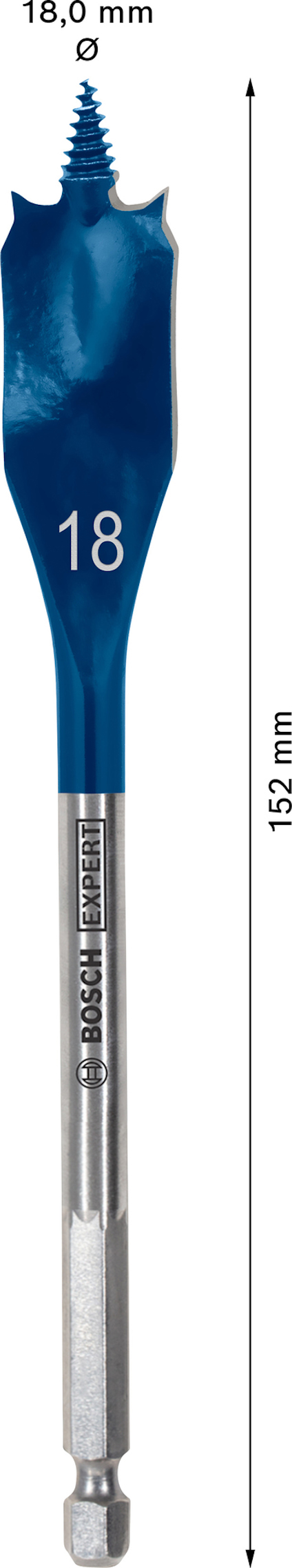 Blå spadmejsel från Bosch, markerad med "18" för 18 mm, längdmarkering 152 mm.