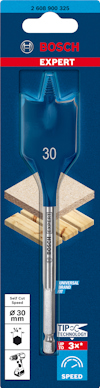 Flat wood drill bit in packaging marked "Bosch Expert," size 30 mm, with images of drilled wood.