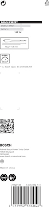 Förpackning med Bosch-knivblad 100 mm. Text: "Bosch 1991", QR-kod, tillverkat i Kina.