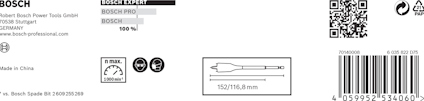 Förpackning tillhörande Bosch Pro-Spade, visar streckkod, QR-kod, och produktmått: 152/116,6 mm. Made in China.