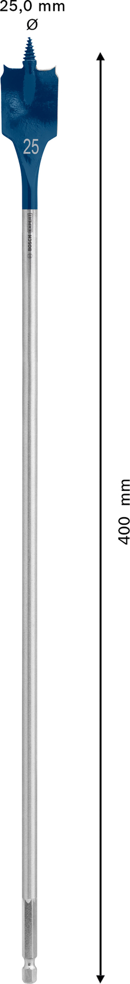 Borr med platt spets och måtten 25,0 mm x 400 mm.