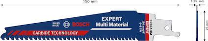 Blå och röd sågklinga med text "Bosch Expert Multi Material, Carbide Technology", längd 150 mm, bredd 1,25 mm.