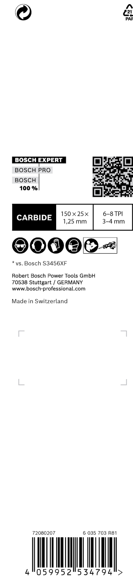 Förpackningstext för Bosch 150x25x4mm karbidblad med olika text- och symbolinformation.