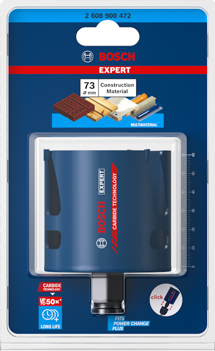 Förpackning med Bosch hålsåg för byggmaterial, 73 mm diameter, carbide-teknologi.